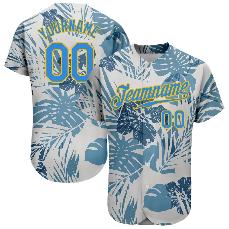 Baseball Jerseys With Player Numbers & Team Slogans-Custom White Electric Blue-Gold 3D Pattern Design Hawaii Palm Leaves And Flowers Authentic Baseball Jersey