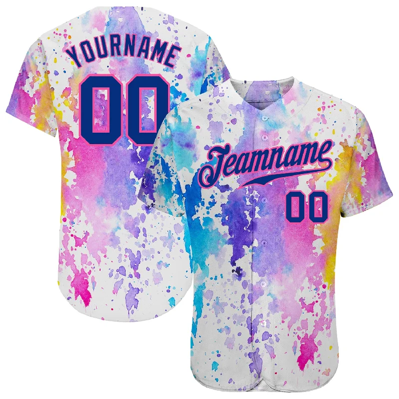 Custom Baseball Jerseys For Sports Camps-Custom White Royal-Pink 3D Pattern Design Watercolor Authentic Baseball Jersey