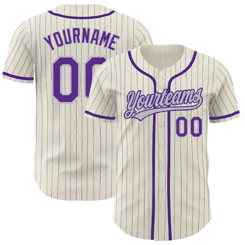 Baseball Jerseys With Custom Name & Number Placement-Custom Cream Gray Pinstripe Purple Authentic Baseball Jersey