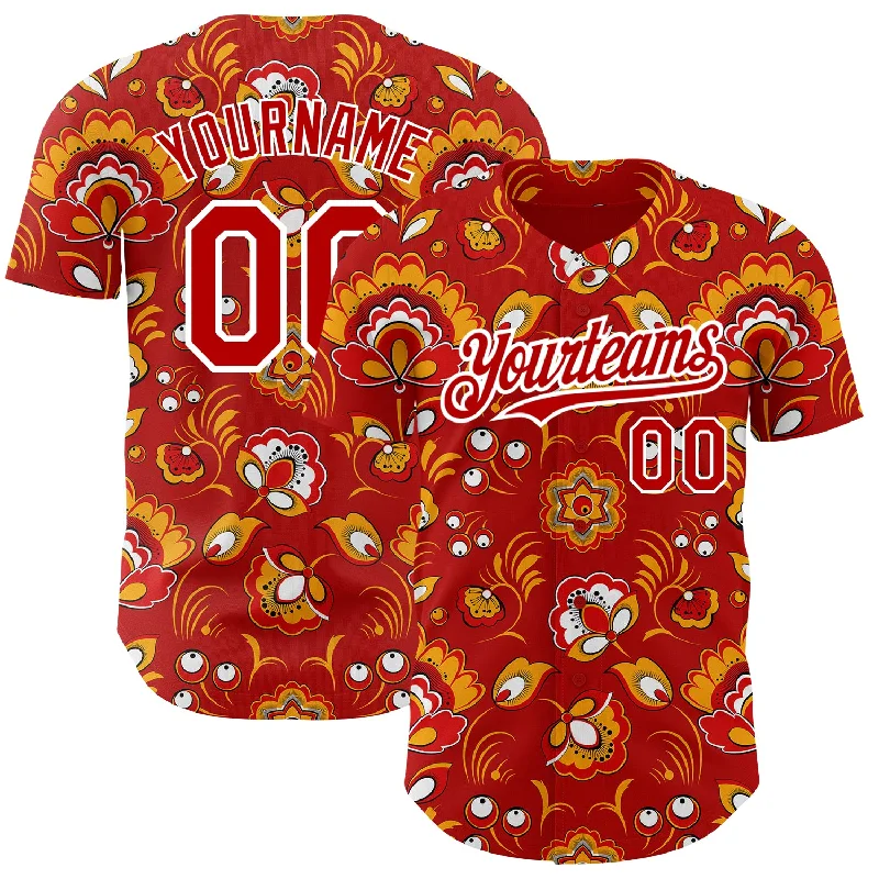 Custom Baseball Jerseys For Fan Bases-Custom Red White 3D Pattern Design Northeast China Big Flower Authentic Baseball Jersey