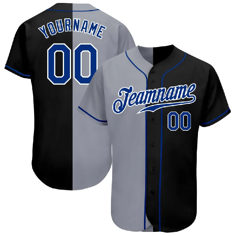 Personalized Baseball Jerseys With Embroidered Names-Custom Black Royal-Gray Authentic Split Fashion Baseball Jersey