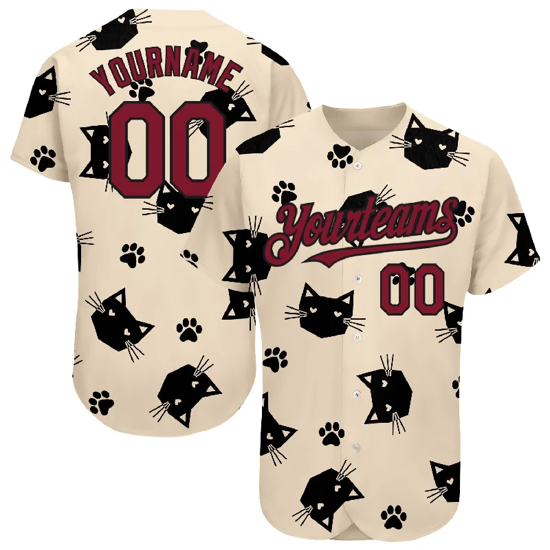 Custom Baseball Jerseys For International Players-Custom Cream Crimson-Black 3D Pattern Design Cat Authentic Baseball Jersey