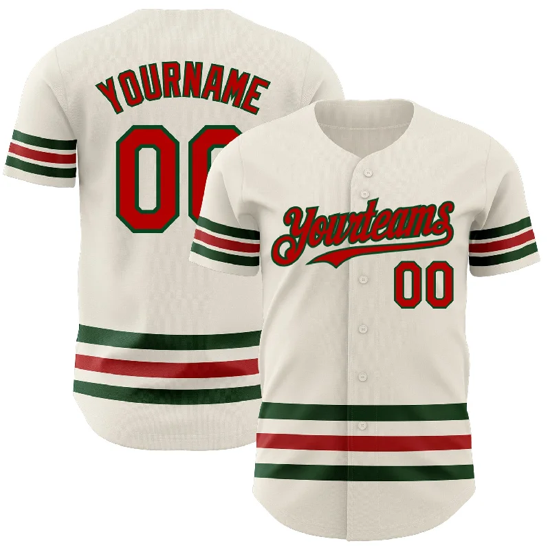 Baseball Jerseys For Corporate Team Building-Custom Cream Red-Green Line Authentic Baseball Jersey