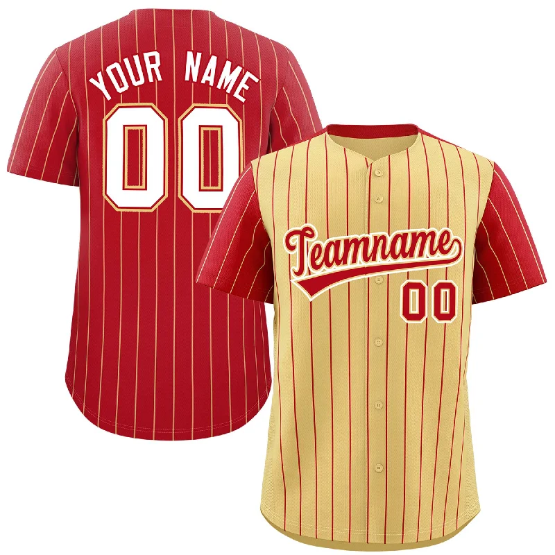 Custom Baseball Jerseys For Holiday Giveaways-Custom Khaki Red Pinstripe Personalized Raglan Sleeves Authentic Baseball Jersey