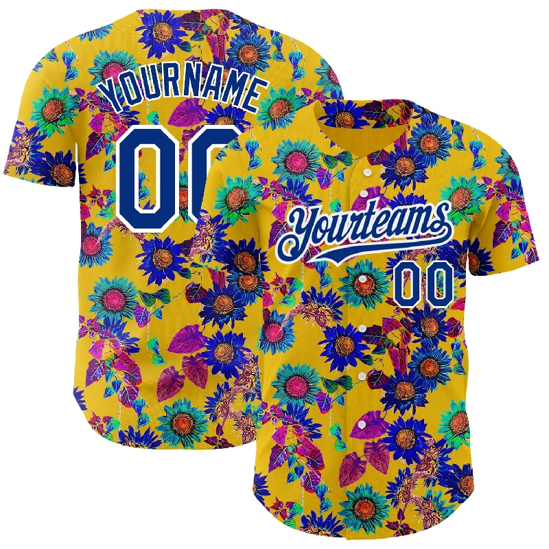 Personalized Baseball Jerseys For Event Sponsors-Custom Yellow Royal-White 3D Pattern Design Northeast China Big Flower Authentic Baseball Jersey