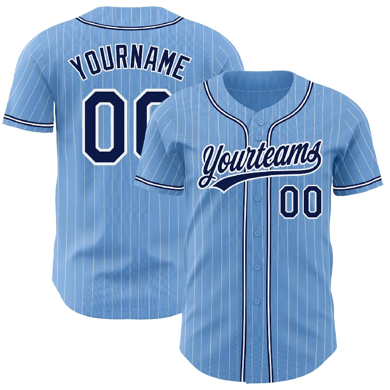 Baseball Jerseys For Youth Leagues-Custom Light Blue White Pinstripe Navy Authentic Baseball Jersey