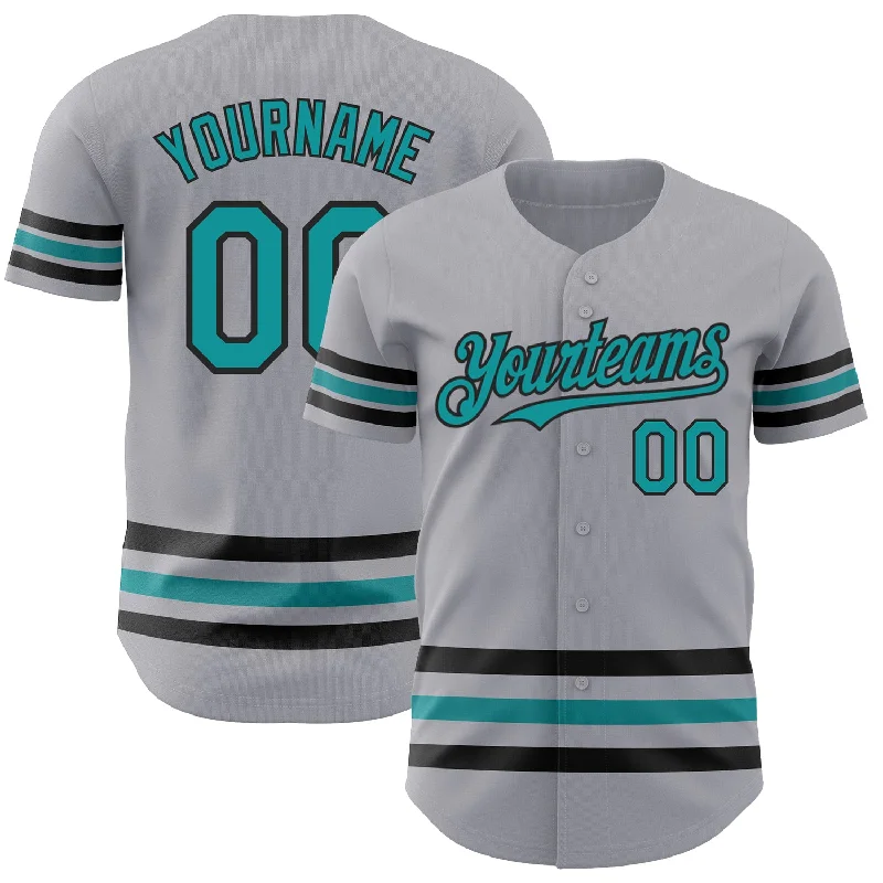 Custom Baseball Jerseys For Club Teams-Custom Gray Teal-Black Line Authentic Baseball Jersey