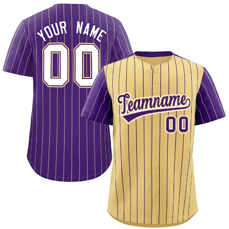 Custom Baseball Jerseys For Sports Fans-Custom Khaki Purple Pinstripe Personalized Raglan Sleeves Authentic Baseball Jersey