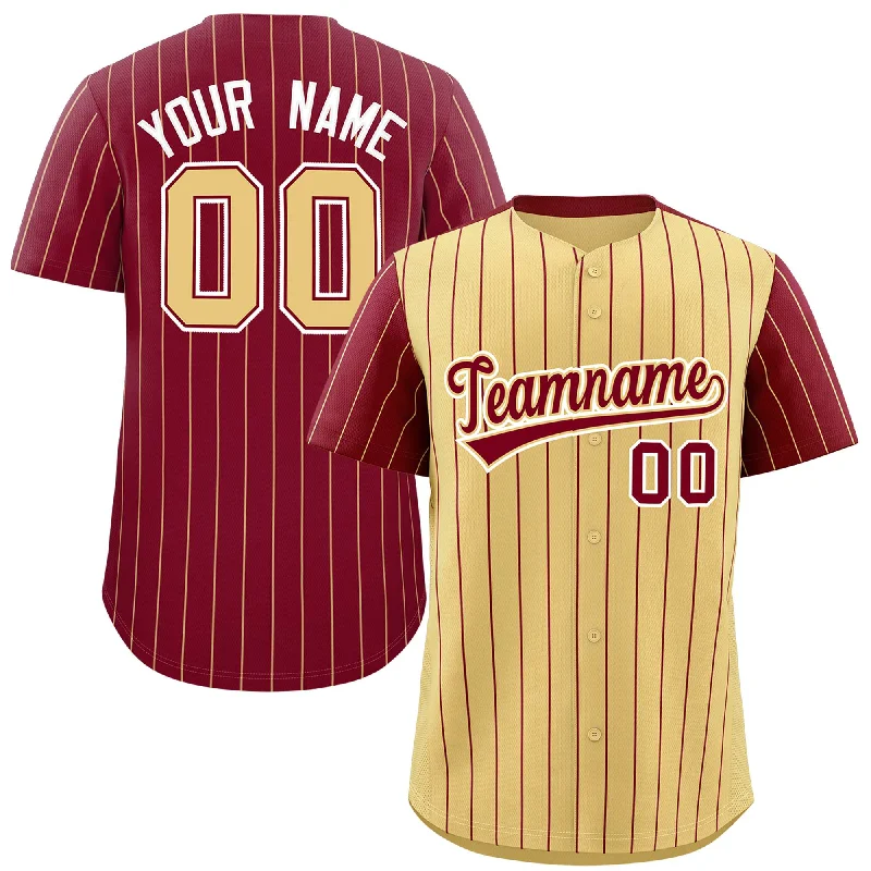 Baseball Jerseys With Custom Font Choices-Custom Khaki Crimson Pinstripe Personalized Raglan Sleeves Authentic Baseball Jersey