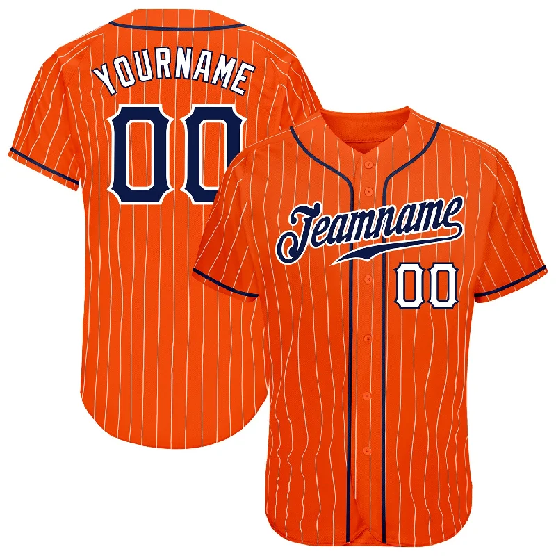 Custom Baseball Jerseys For Club Teams-Custom Orange White Pinstripe Navy-White Authentic Baseball Jersey