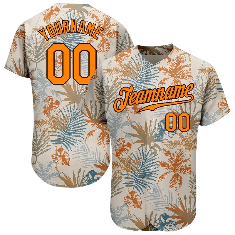 Custom Baseball Jerseys For Holiday Parties-Custom Cream Bay Orange-Brown 3D Pattern Design Hawaii Palm Leaves Authentic Baseball Jersey