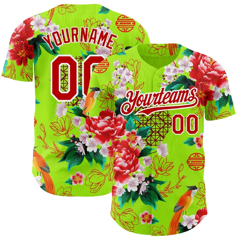 Personalized Baseball Jerseys For Team Sponsorships-Custom Neon Green Red-White 3D Pattern Design Northeast China Big Flower Authentic Baseball Jersey