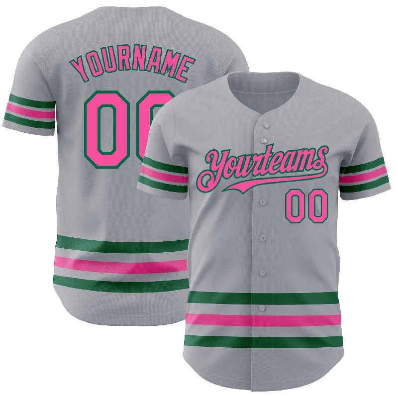 Custom Baseball Jerseys For Holiday Gifts-Custom Gray Pink-Kelly Green Line Authentic Baseball Jersey