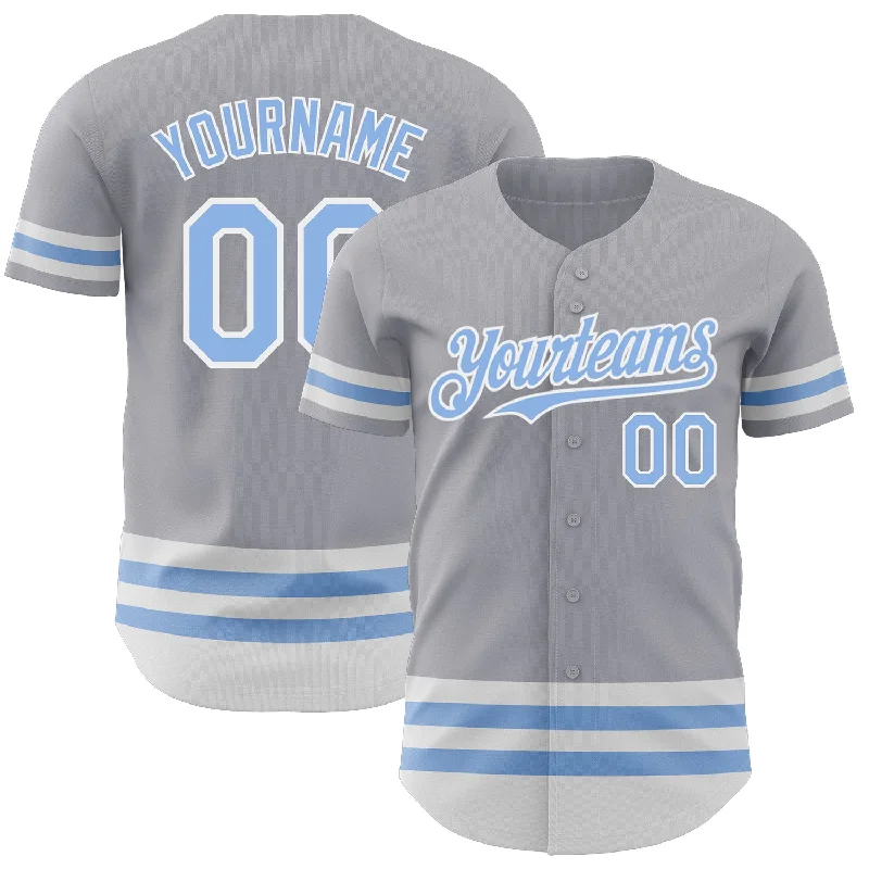 Custom Baseball Jerseys For Official Team Apparel-Custom Gray Light Blue-White Line Authentic Baseball Jersey