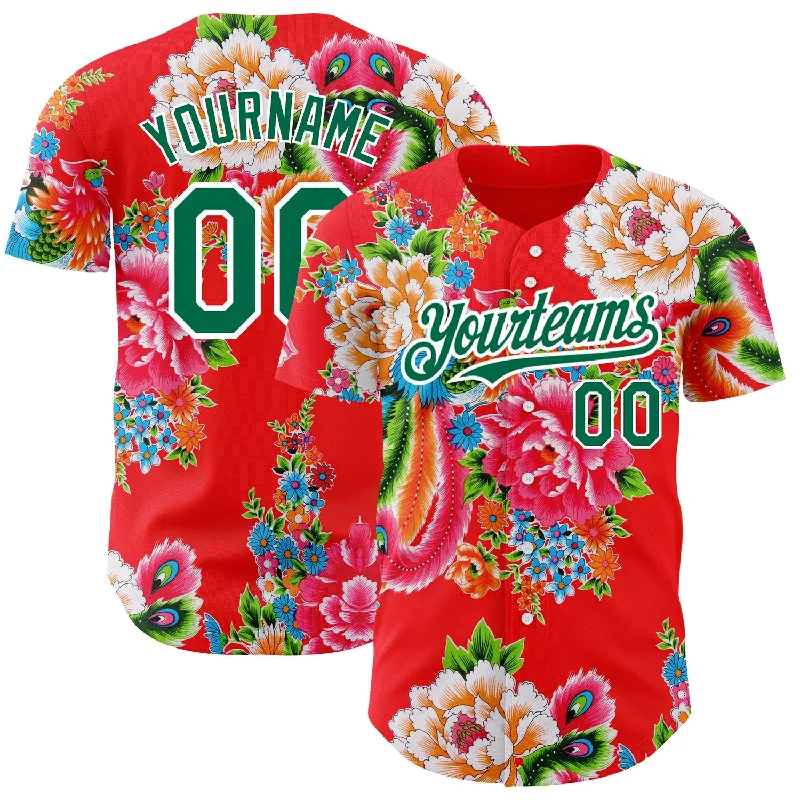 Personalized Baseball Jerseys For Supporters & Fans-Custom Red Kelly Green-White 3D Pattern Design Northeast China Big Flower Authentic Baseball Jersey