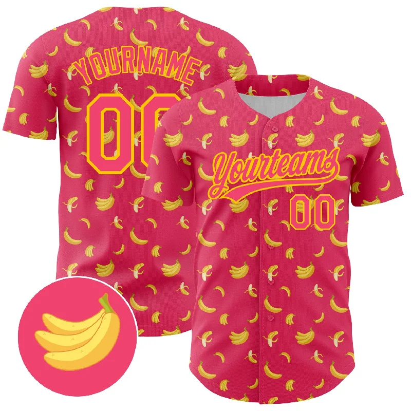 Baseball Jerseys With Custom Printing for Sponsors-Custom Neon Pink Yellow 3D Pattern Design Fruit Banana Authentic Baseball Jersey