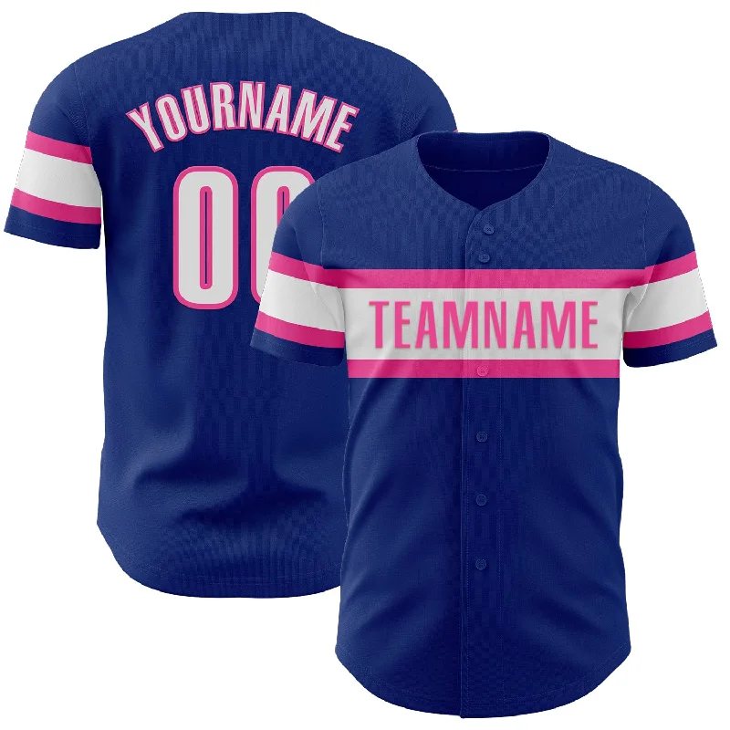 Baseball Jerseys With Team Slogans-Custom Royal White-Pink Authentic Baseball Jersey