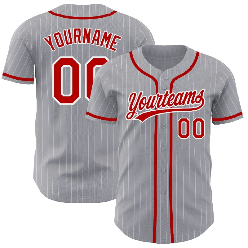 Custom Baseball Jerseys With Player Stats-Custom Gray White Pinstripe Red Authentic Baseball Jersey