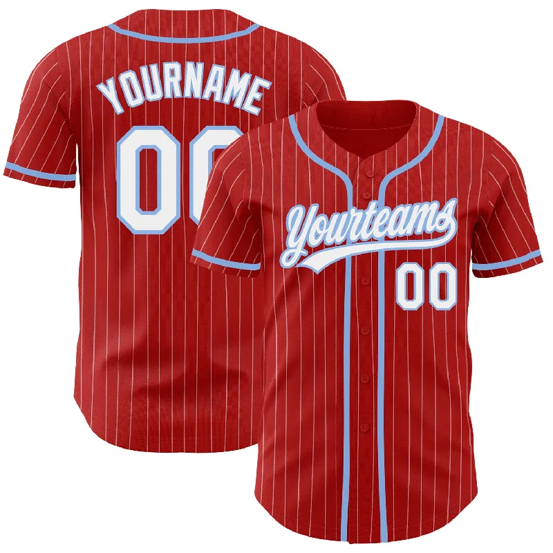 Personalized Baseball Jerseys For Player Gift Sets-Custom Red White Pinstripe Light Blue Authentic Baseball Jersey