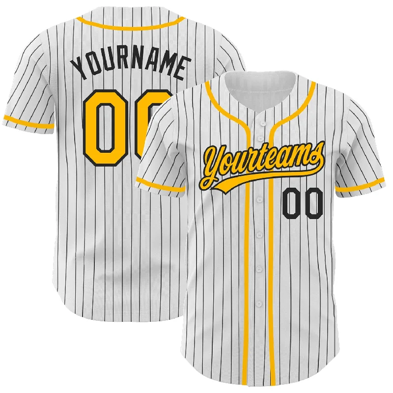 Baseball Jerseys For Corporate Sports Events-Custom White Black Pinstripe Gold Authentic Baseball Jersey