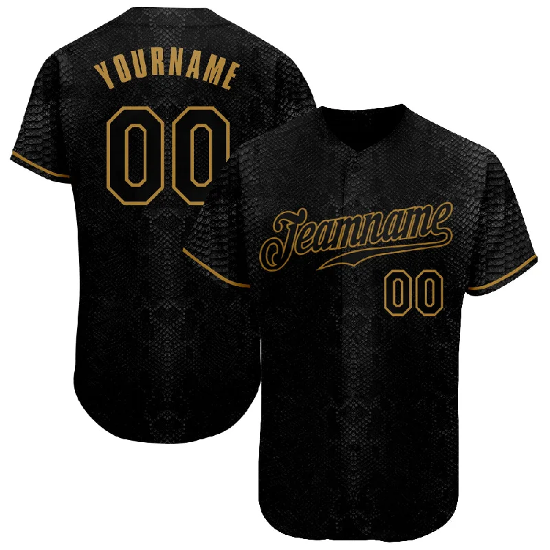 Custom Baseball Jerseys For College Teams-Custom Black Snakeskin Black-Old Gold 3D Pattern Design Authentic Baseball Jersey