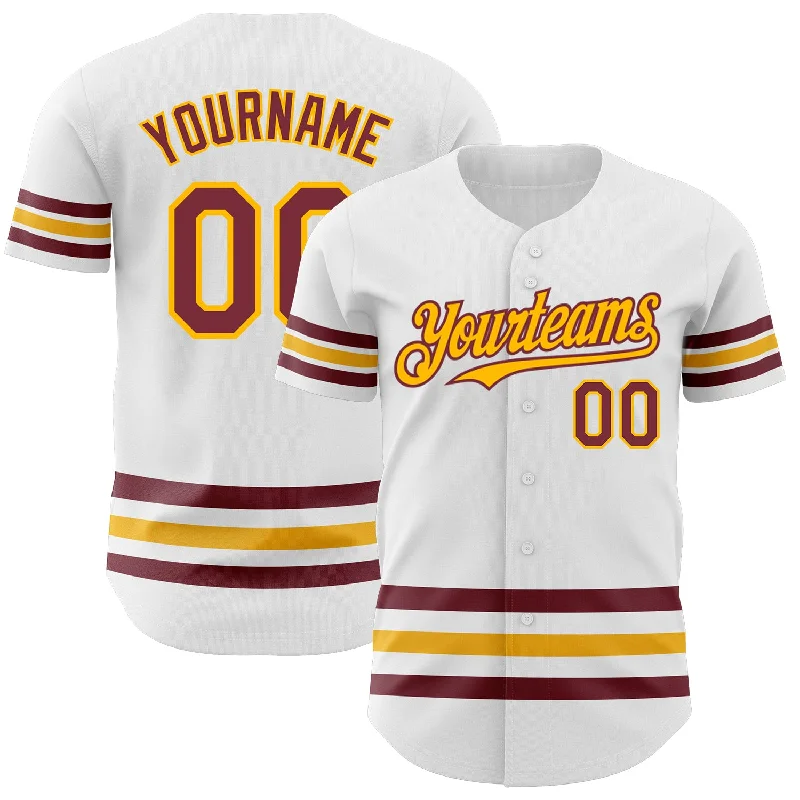 Custom Baseball Jerseys With Unique Designs-Custom White Burgundy-Gold Line Authentic Baseball Jersey