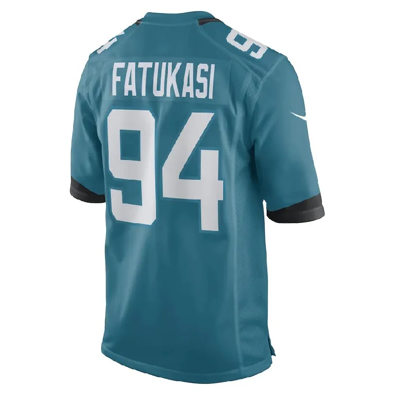 Custom Rugby Jerseys For School Sports-J.Jaguars #94 Folorunso Fatukasi Teal Game Player Jersey Stitched American Football Jerseys