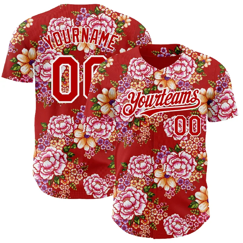 Baseball Jerseys With Custom Names-Custom Red White 3D Pattern Design Northeast China Big Flower Authentic Baseball Jersey