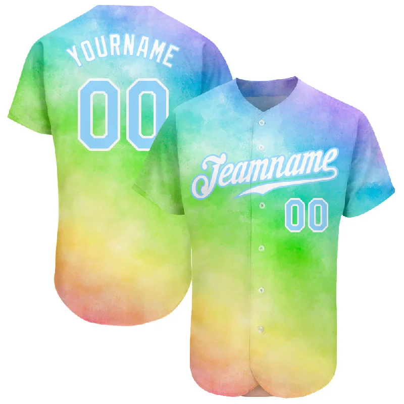 Custom Baseball Jerseys For Tournament Prizes-Custom Tie Dye Light Blue-White 3D Rainbow Authentic Baseball Jersey