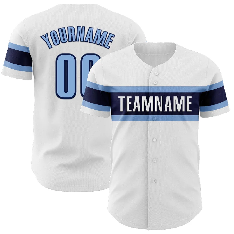 Personalized Baseball Jerseys With Embroidered Names-Custom White Light Blue-Navy Authentic Baseball Jersey