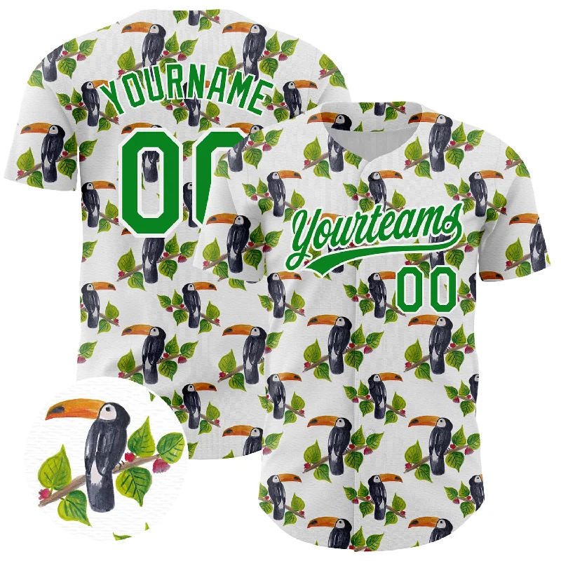 Custom Baseball Jerseys For Special Projects-Custom White Grass Green 3D Pattern Design Animal Toucan And Tropical Hawaii Palm Leaves Authentic Baseball Jersey