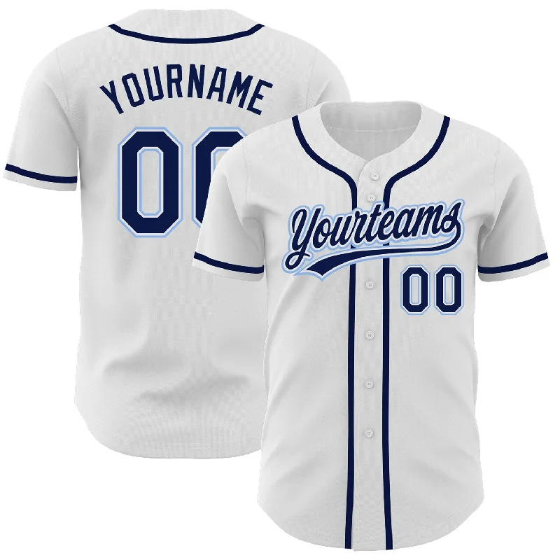 Custom Baseball Jerseys For Event Promotion-Custom White Navy-Light Blue Authentic Baseball Jersey