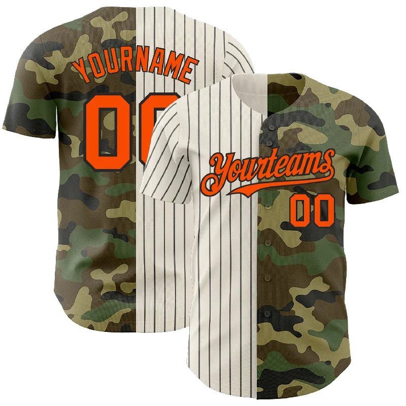 Baseball Jerseys With Player Numbers & Team Slogans-Custom Camo Orange Cream-Black Pinstripe Authentic Split Fashion Salute To Service Baseball Jersey