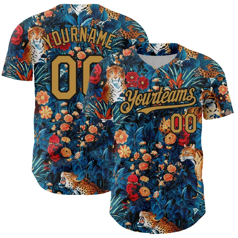 Baseball Jerseys For Fundraising Campaigns-Custom Royal Old Gold-Black 3D Pattern Design Northeast China Big Flower And Leopard Authentic Baseball Jersey