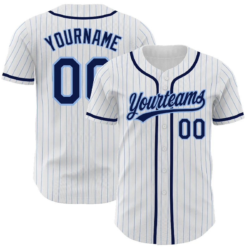 Baseball Jerseys For Fundraising Campaigns-Custom White Light Blue Pinstripe Navy Authentic Baseball Jersey