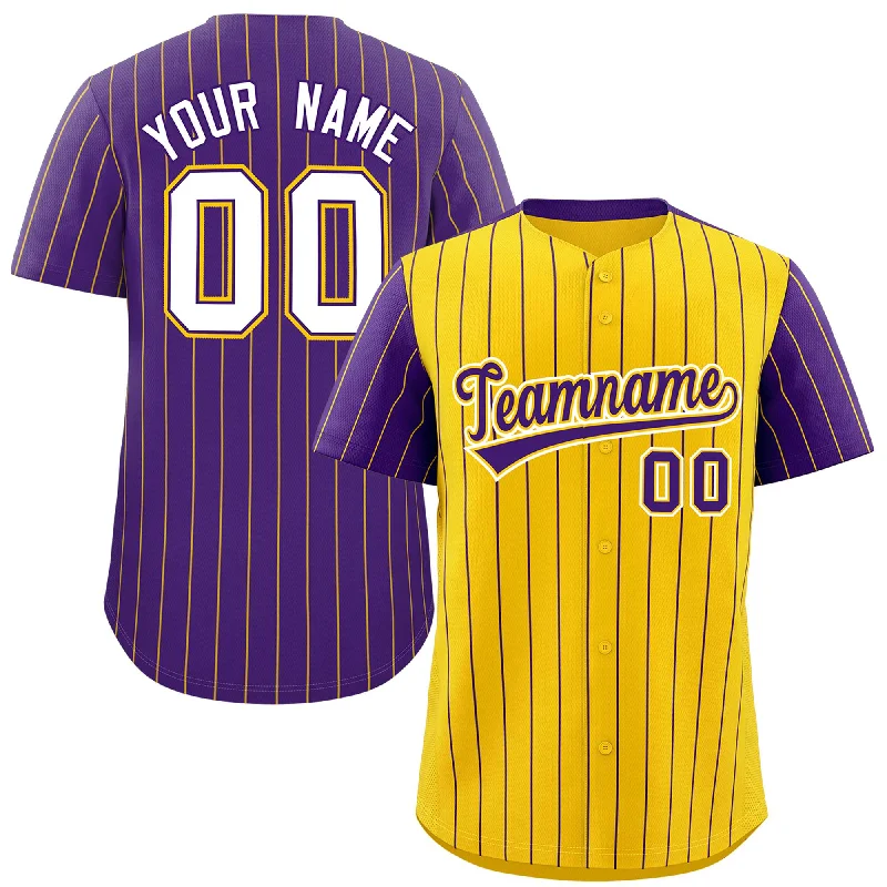 Custom Baseball Jerseys With Player Recognition-Custom Gold Purple Pinstripe Personalized Raglan Sleeves Authentic Baseball Jersey