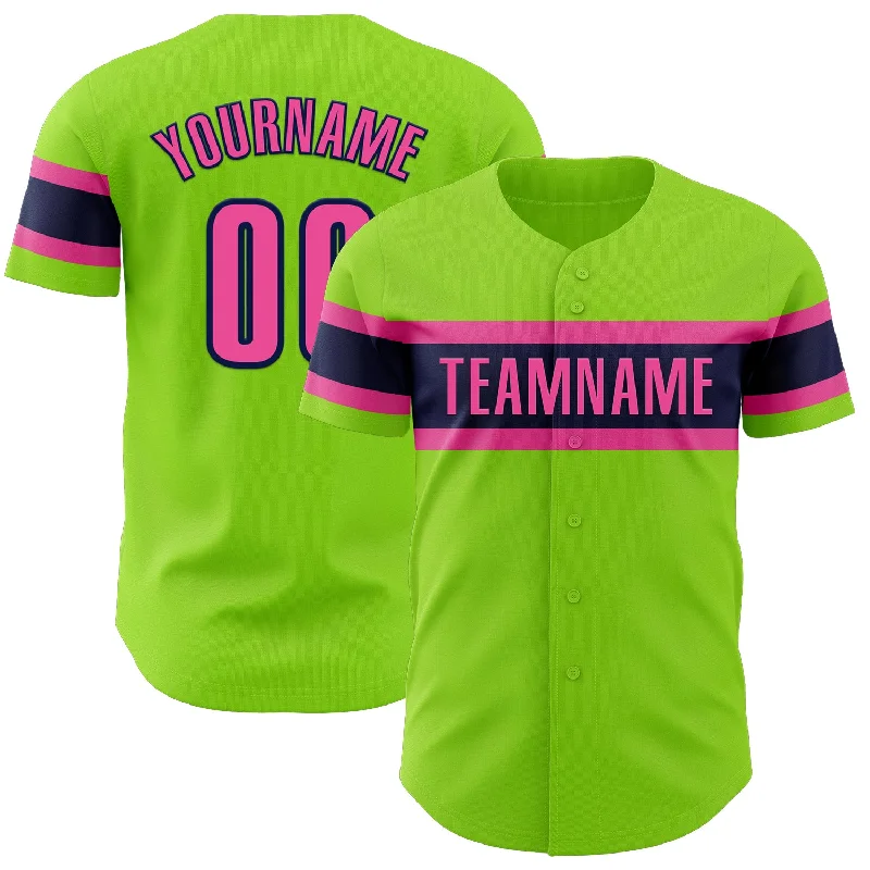 Personalized Baseball Jerseys For Special Celebrations-Custom Neon Green Pink-Navy Authentic Baseball Jersey