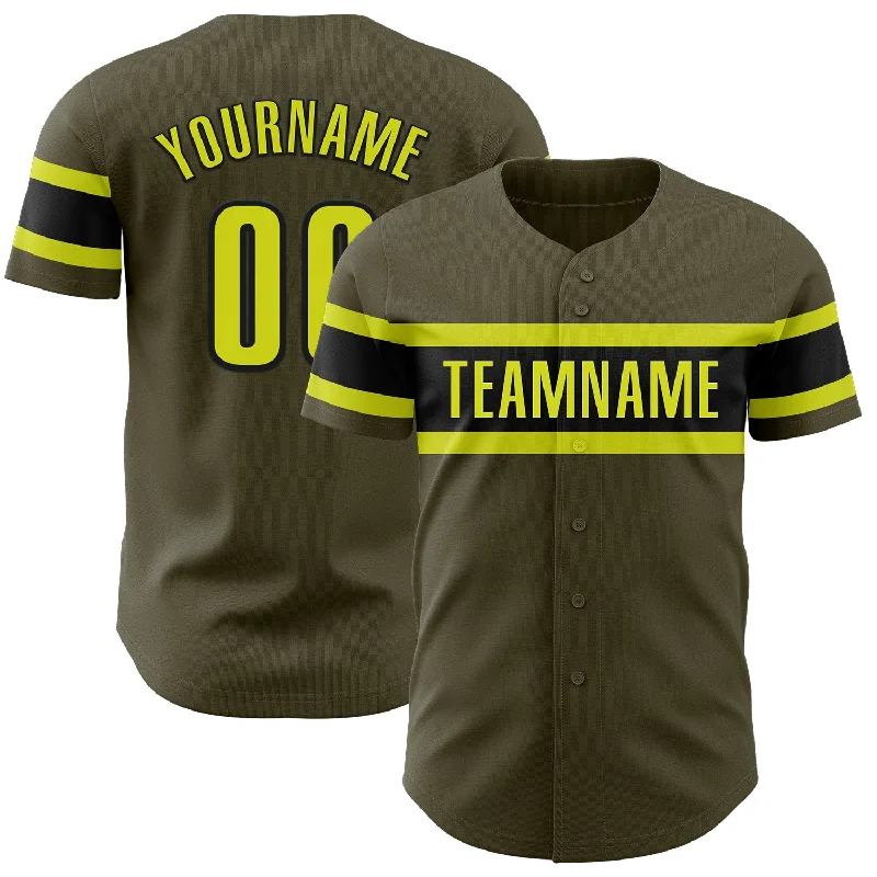 Personalized Baseball Jerseys For Competitive Leagues-Custom Olive Neon Yellow-Black Authentic Salute To Service Baseball Jersey