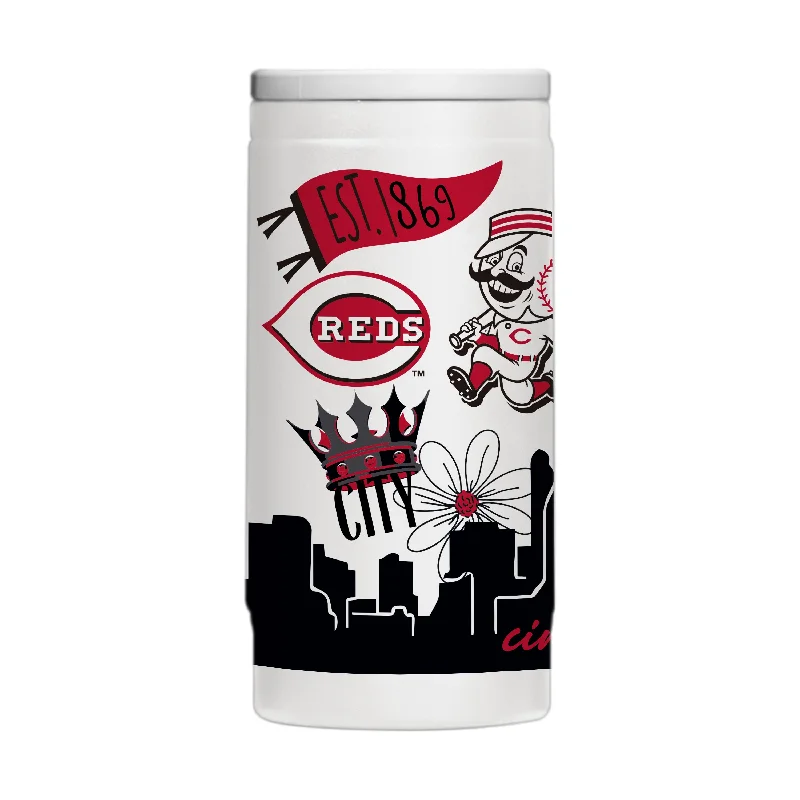 Team Mugs With Custom Text for Special Events-Cincinnati Reds 12oz Native Powder Coat Slim Can Coolie