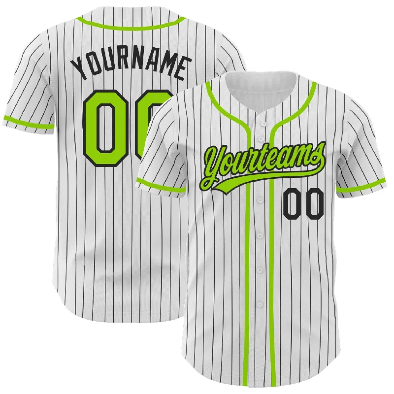 Baseball Jerseys With Special Event Branding-Custom White Black Pinstripe Neon Green Authentic Baseball Jersey