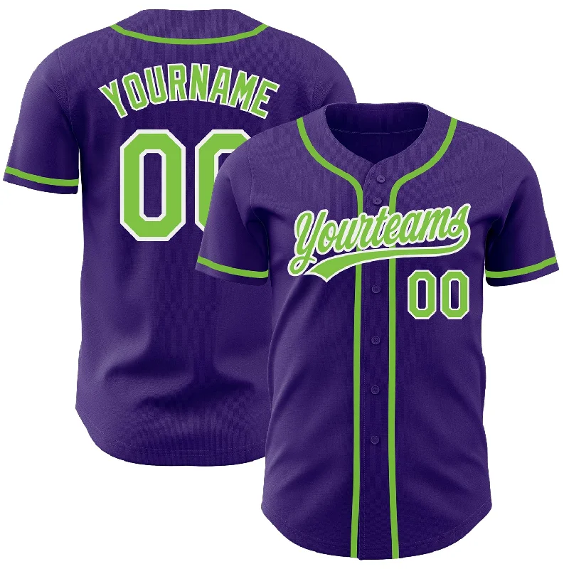 Baseball Jerseys With Player Names & Charity Logos-Custom Purple Neon Green-White Authentic Baseball Jersey