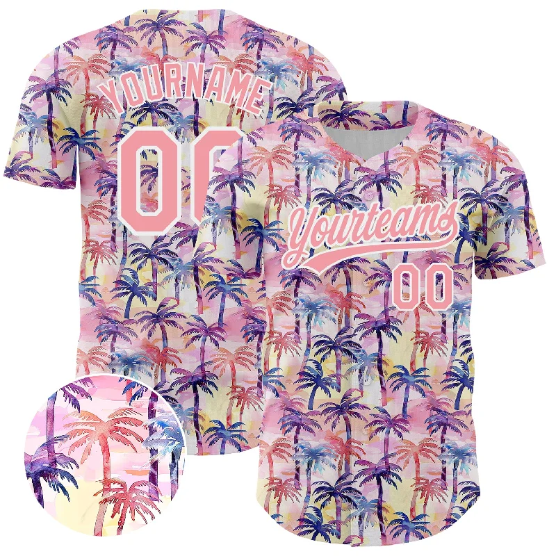 Custom Baseball Jerseys With Unique Color Schemes-Custom Medium Pink White 3D Pattern Design Tropical Hawaii Palm Trees Authentic Baseball Jersey