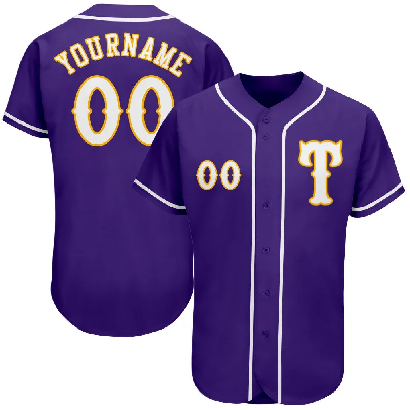 Baseball Jerseys With Custom Neck & Sleeve Designs-Custom Purple White-Gold Authentic Baseball Jersey