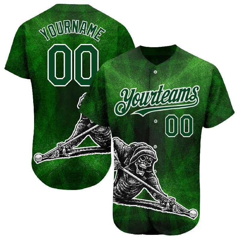 Personalized Baseball Jerseys For Group Discounts-Custom Green White 3D Pattern Design A Skeleton Playing Billiards While Drinking A Beer Authentic Baseball Jersey