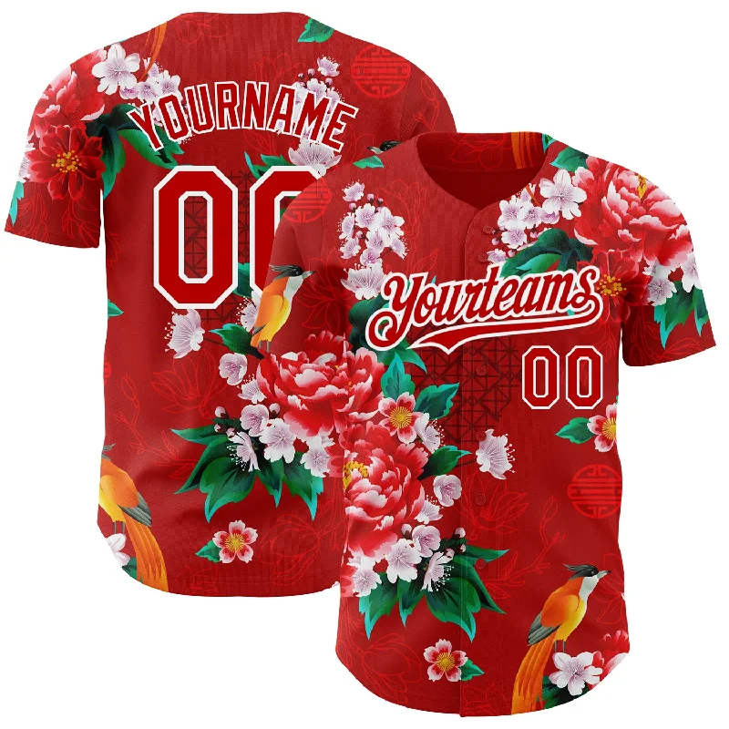 Personalized Baseball Jerseys For League Celebrations-Custom Red White 3D Pattern Design Northeast China Big Flower Authentic Baseball Jersey