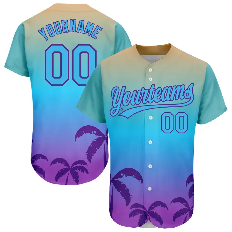 Custom Baseball Jerseys For Official Team Apparel-Custom Sky Blue Purple 3D Pattern Design Hawaii Palm Trees Authentic Baseball Jersey