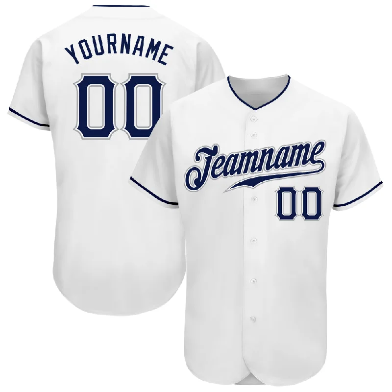 Baseball Jerseys With Embroidered Team Logos-Custom White Navy-Gray Authentic Baseball Jersey