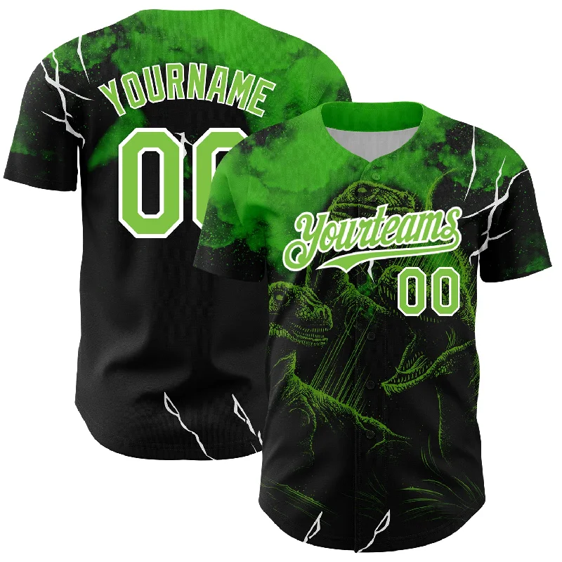 Personalized Baseball Jerseys For Awards Ceremonies-Custom Black Neon Green-White 3D Pattern Design Animal Dinosaur Authentic Baseball Jersey