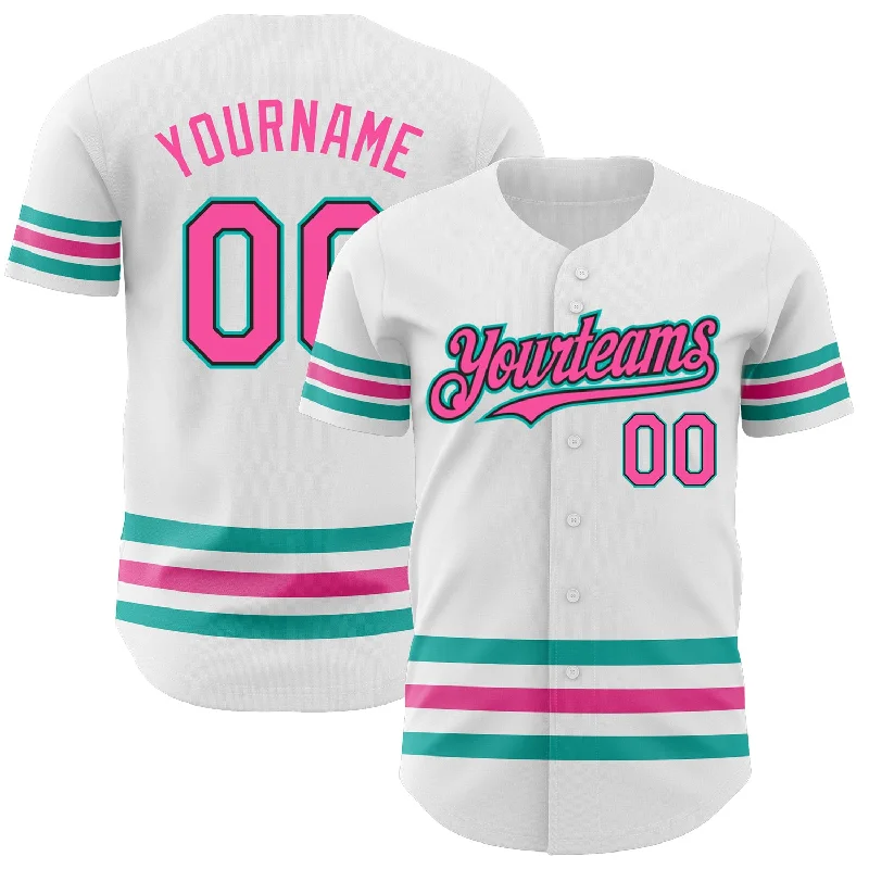 Custom Baseball Jerseys For Local Competitions-Custom White Pink Black-Aqua Line Authentic Baseball Jersey