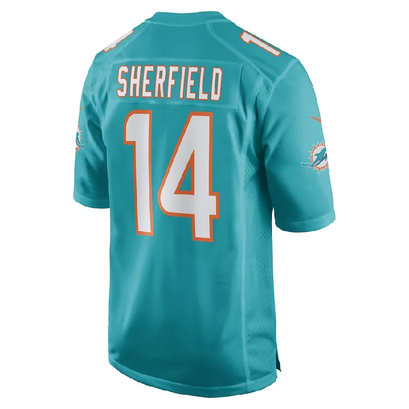 Personalized Rugby Jerseys For Special Teams-M.Dolphins #14 Trent Sherfield Aqua Game Player Jersey Stitched American Football Jerseys